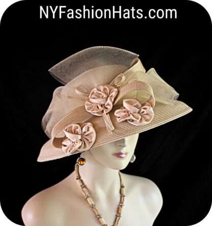 Luxury Statement Dress Hats, Motf Premium Couture Designer Camel Beige Satin Rosette Hat, NYFashionHats Millinery, Formal Wedding Hat, Penny