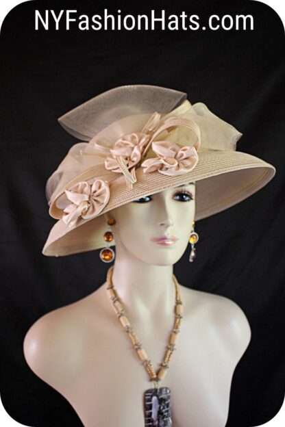 Luxury Statement Dress Hats, Motf Premium Couture Designer Camel Beige Satin Rosette Hat, NYFashionHats Millinery, Formal Wedding Hat, Penny - Image 2