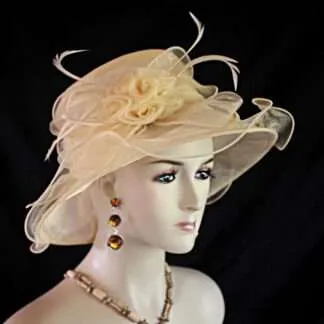Women's Beige Organza Ruffle Brim Hat, Wedding Bridal Formal Hat, Hats For Horse Races Derbies, Sabbath Hats, NYFashionHats Millinery, Sadie
