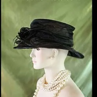 Women's Black Organza Ruffle Brim Hat, Wedding Funeral Formal Hat, Hats For Horse Races, Sabbath Hats, NYFashionHats Millinery, Paula