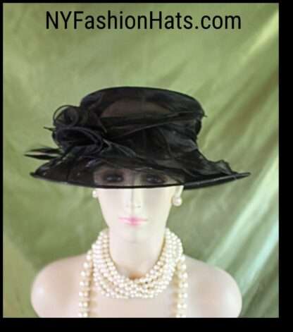 Women's Black Organza Ruffle Brim Hat, Wedding Funeral Formal Hat, Hats For Horse Races, Sabbath Hats, NYFashionHats Millinery, Paula - Image 3