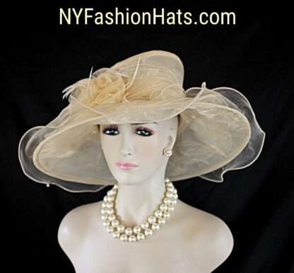 Beige Big Ruffle Brim Organza Hat, Formal Wedding Bridal Dress Hat, Mother Of The Bride Hats, Couture Designer Hats By NYFashionHats, Robin