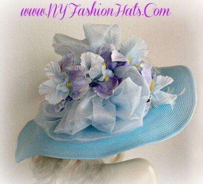 Luxury Statement Haute Couture Designer Hat For Women, Pastel Blue Lavender Wide Brim Hat, Formal Wedding Hat Horse Races, NYFashionHats - Image 2