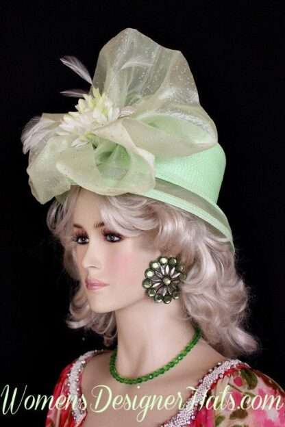 Haute Couture Designer Statement Hat, Lime Green Celery White Kentucky Derby Hat, Hats For Horse Races, NYFashionHats Millinery, Donna Anne