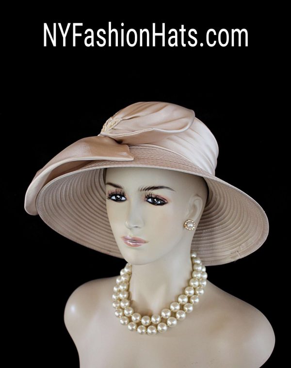 Champagne Soft Beige Big Brim Satin Wedding Bridal Hat, Formal Sabbath Hat, Women's Couture Designer Church Hat, NYFashionHats Millinery - Image 2