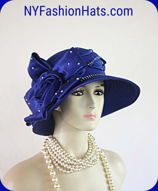 Women's Couture Royal Blue And Black Satin Hat, Formal Designer Wedding Hat, Dress Hats For Sabbath, Church Hats, NYFashionHats Millinery