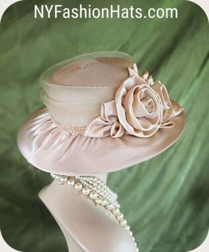 Women's Couture Champagne Beige Satin Straw Wedding Hat, Bridal Headpiece, Hats For Brides, Mother Of The Bride Hat, NYFashionHats Millinery - Image 3