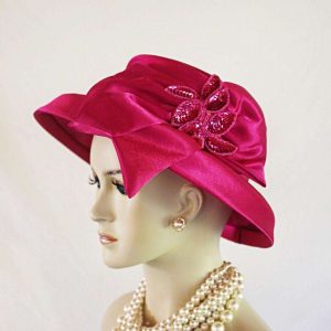 Women's Hot Pink Sequin Designer Satin Dress Hat, Elegant Weddings Church Formal Sabbath Hat, Hats For Holidays, NYFashionHats Millinery