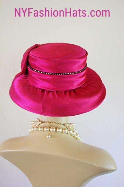 Women's Hot Pink Sequin Designer Satin Dress Hat, Elegant Weddings Church Formal Sabbath Hat, Hats For Holidays, NYFashionHats Millinery - Image 5