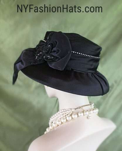 Women's Black Sequin Designer Satin Dress Hat, Elegant Wedding Church Formal Sabbath Holiday Hat, NYFashionHats Bridal Couture Millinery - Image 3