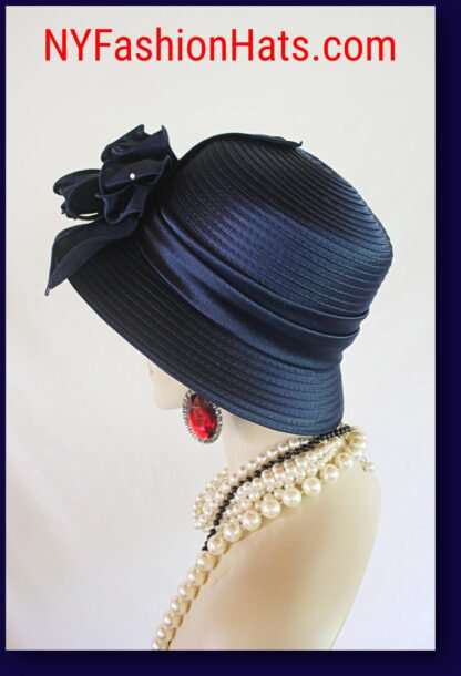 Women's Navy Blue Big Bow Designer Satin Dress Hat, Elegant Wedding Church Formal Sabbath Hat, Hats For Holidays, NYFashionHats Celia - Image 2