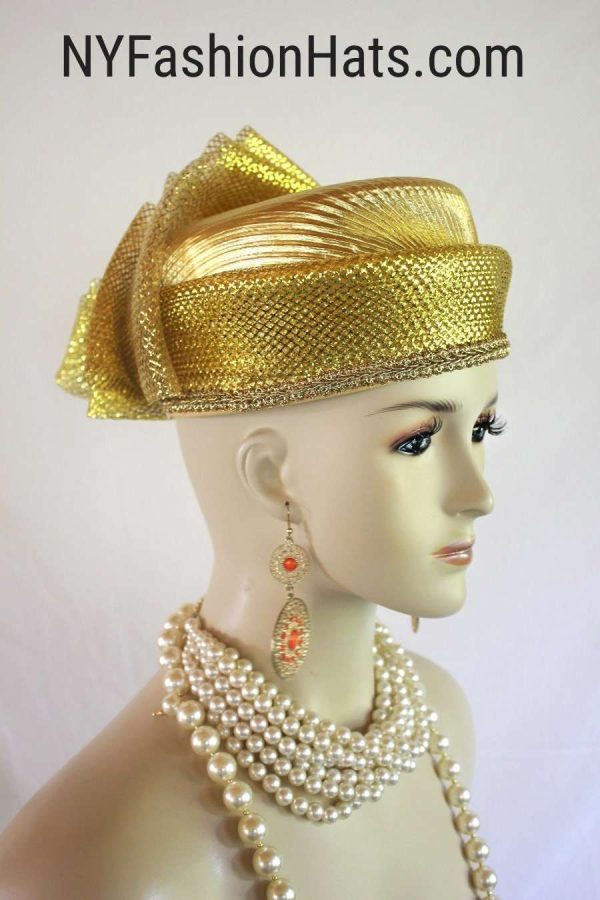 Metallic Gold Lame Pillbox Dress Hat, Couture Designer Hats, Hats For Sabbath, Church Wedding Holiday Hat, NY Fashion Hats Millinery, Vicki