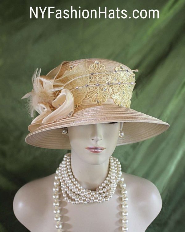 Women's Champagne Beige Embroidered Designer Satin Dress Hat, Elegant Wedding Church Formal Sabbath Hat, Hats For Holidays, NYFashionHats
