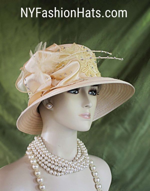 Women's Champagne Beige Embroidered Designer Satin Dress Hat, Elegant Wedding Church Formal Sabbath Hat, Hats For Holidays, NYFashionHats - Image 2