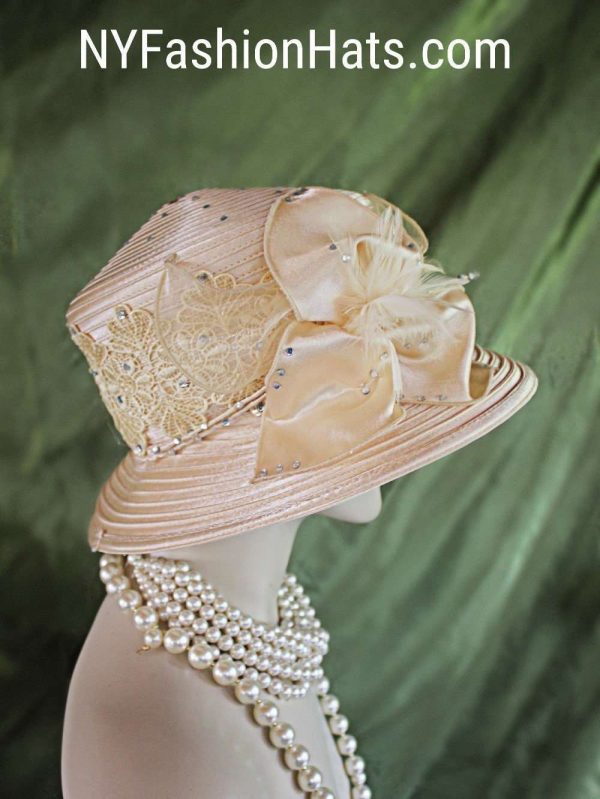 Women's Champagne Beige Embroidered Designer Satin Dress Hat, Elegant Wedding Church Formal Sabbath Hat, Hats For Holidays, NYFashionHats - Image 4