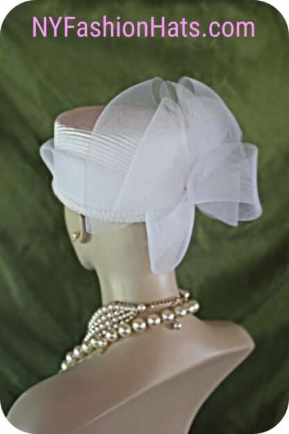 White Satin Pleated Pillbox Dress Bridal Hat, Couture Designer Hats, Hats For Sabbath, Church Wedding Holiday Hat, NY Fashion Hats Millinery - Image 3