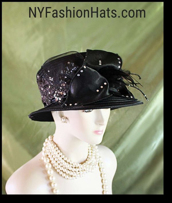 Women's Black Embroidered Designer Satin Dress Hat, Funeral Hats, Wedding Church Formal Sabbath Hat, Hats For Holidays, NYFashionHats Affie - Image 3