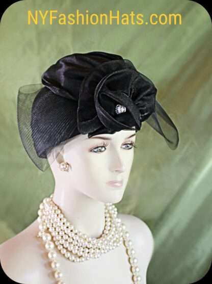 Women's Black Designer Satin Straw Dress Hat, Funeral Hats, Wedding Church Formal Sabbath Hat, Hats For Holidays, NYFashionHats, Aggie - Image 2