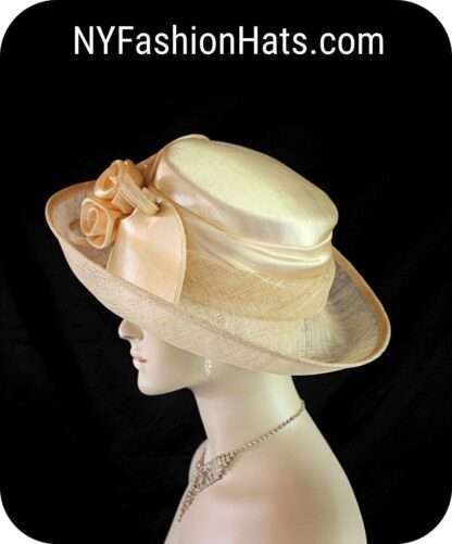 Women's Champagne Beige Designer Sinamay Straw Satin Dress Hat, Elegant Wedding Church Formal Sabbath Hat, Hats For Holidays, NYFashionHats - Image 2