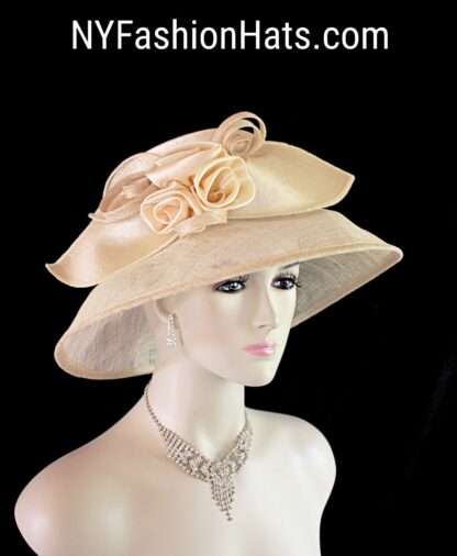 Women's Champagne Beige Designer Sinamay Straw Satin Dress Hat, Big Brim Wedding Church Formal Sabbath Hat, Hats For Holidays, NYFashionHats - Image 3