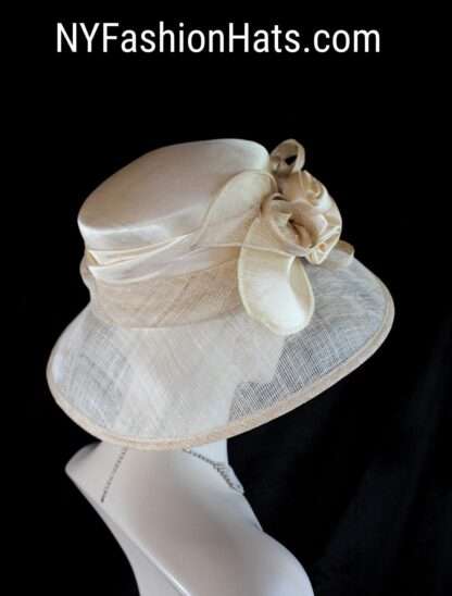 Women's Champagne Beige Designer Sinamay Straw Satin Dress Hat, Big Brim Wedding Church Formal Sabbath Hat, Hats For Holidays, NYFashionHats - Image 4