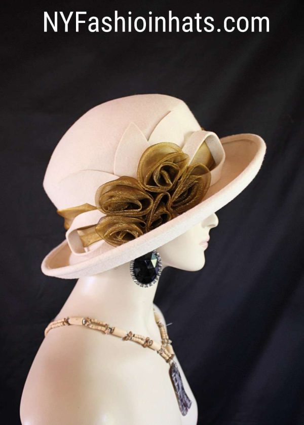 Beige Bronze Brown Wool Dress Casual Urban Hat, Couture Designer Hats, Hats For Sabbath, Church Hats, NY Fashion Hats Millinery, Jolie - Image 2