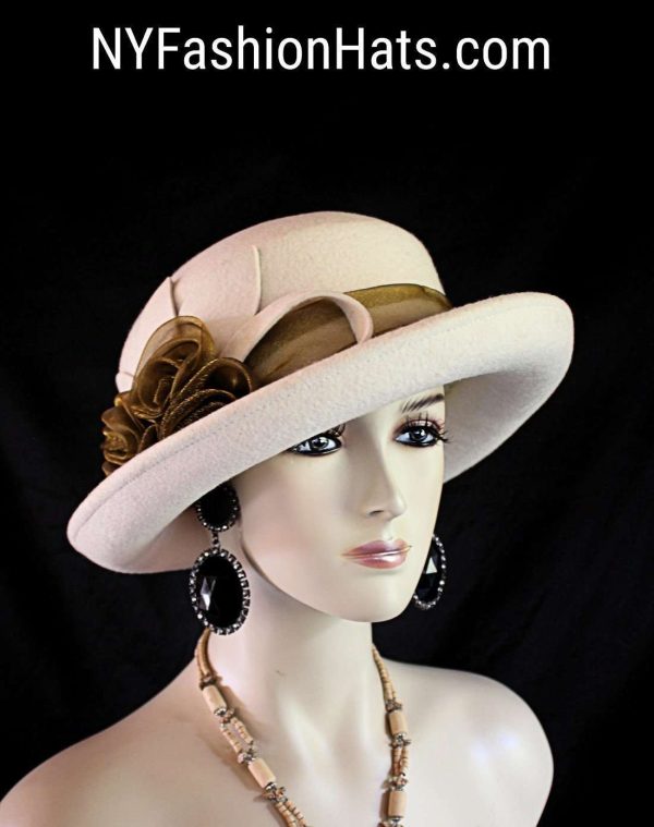 Beige Bronze Brown Wool Dress Casual Urban Hat, Couture Designer Hats, Hats For Sabbath, Church Hats, NY Fashion Hats Millinery, Jolie - Image 4