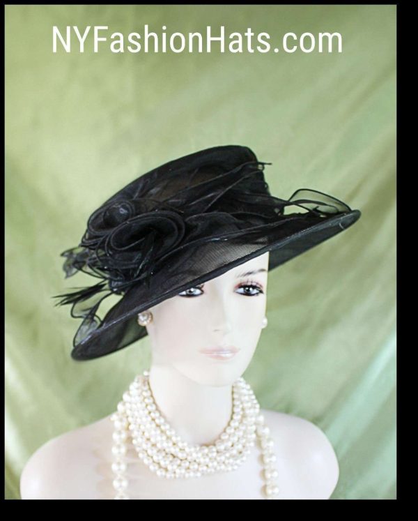 Women's Black Organza Ruffle Brim Hat, Wedding Funeral Formal Hat, Hats For Horse Races, Sabbath Hats, NYFashionHats Millinery, Paula - Image 2