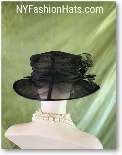 Women's Black Organza Ruffle Brim Hat, Wedding Funeral Formal Hat, Hats For Horse Races, Sabbath Hats, NYFashionHats Millinery, Paula - Image 4