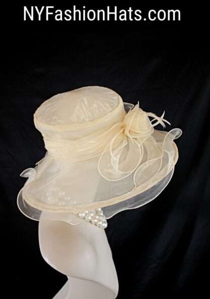 Beige Big Ruffle Brim Organza Hat, Formal Wedding Bridal Dress Hat, Mother Of The Bride Hats, Couture Designer Hats By NYFashionHats, Robin - Image 3