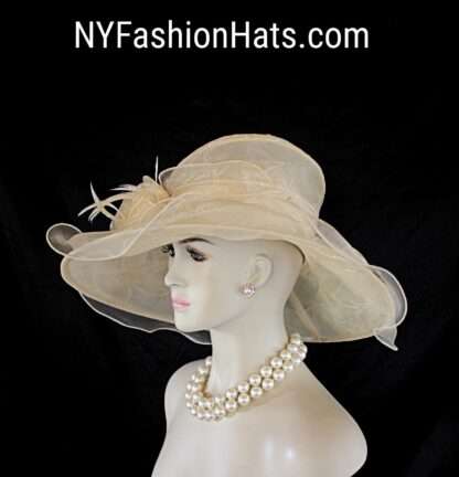 Beige Big Ruffle Brim Organza Hat, Formal Wedding Bridal Dress Hat, Mother Of The Bride Hats, Couture Designer Hats By NYFashionHats, Robin - Image 4