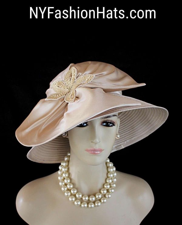 Champagne Soft Beige Big Brim Satin Wedding Bridal Hat, Formal Sabbath Hat, Women's Couture Designer Church Hat, NYFashionHats Millinery