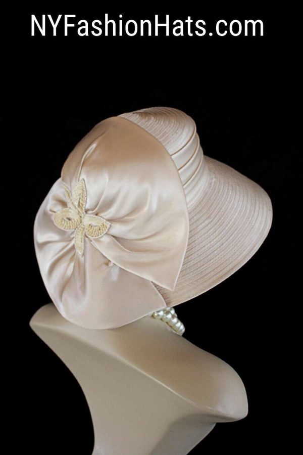 Champagne Soft Beige Big Brim Satin Wedding Bridal Hat, Formal Sabbath Hat, Women's Couture Designer Church Hat, NYFashionHats Millinery - Image 3