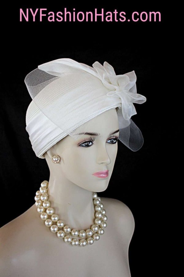Women's Beige Ivory Designer Satin Straw Dress Hat, Funeral Hats, Wedding Church Formal Sabbath Hat, Hats For Holidays, NYFashionHats, Leah - Image 2