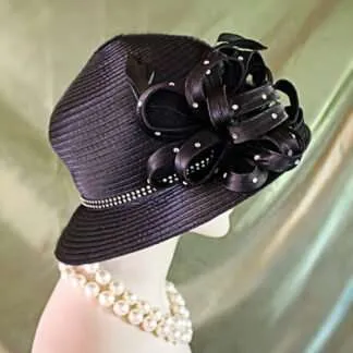 Women's Couture Black Satin Bowler Derby Hat, Formal Designer Wedding Hat, Dress Hats For Sabbath, Church Hats, NYFashionHats Millinery, Aya