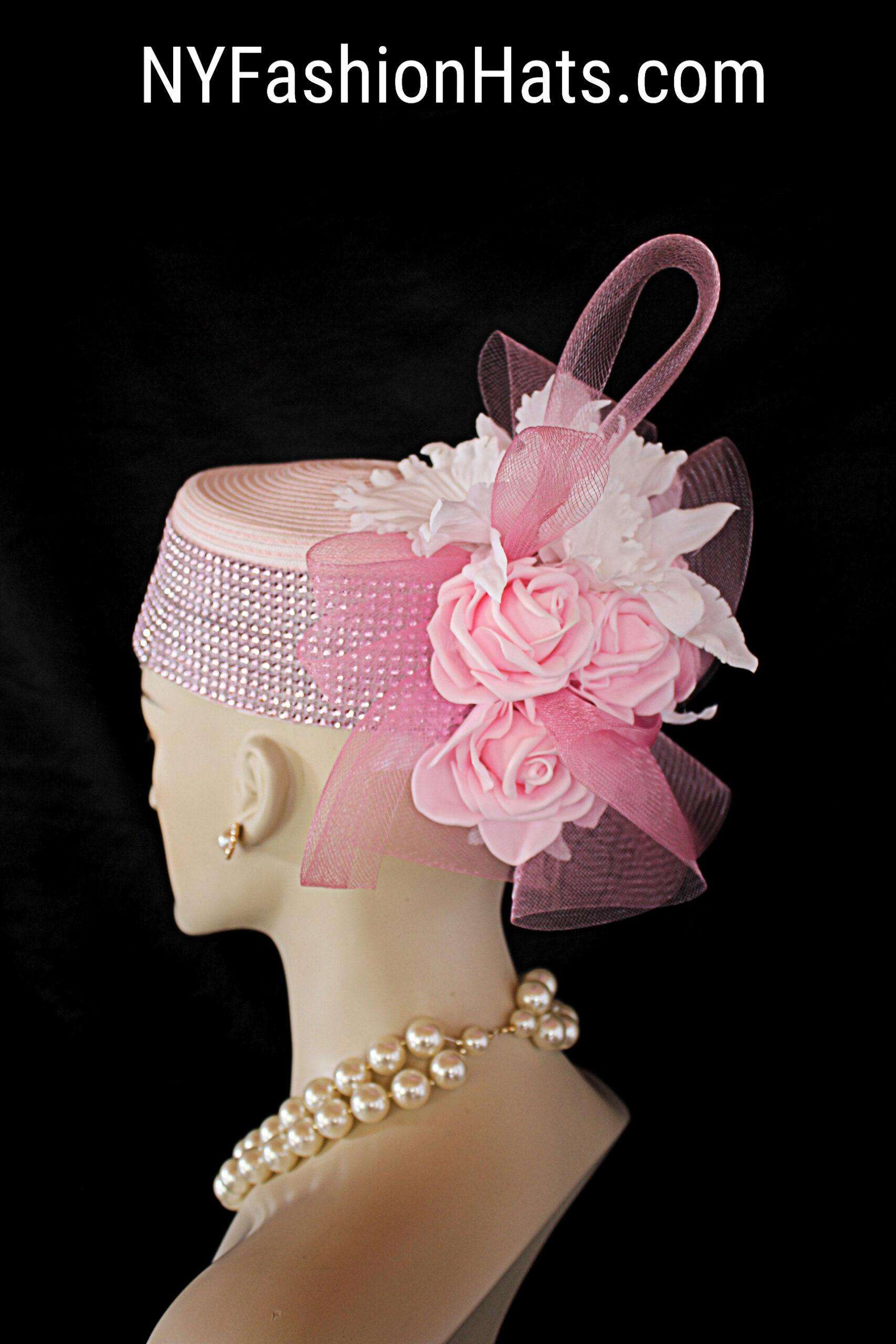 Women's Elegant Pink White Formal Pillbox Fashion Hat