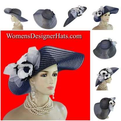 Women's Haute Couture Navy Blue White Designer Hat By NY Fashion Hats