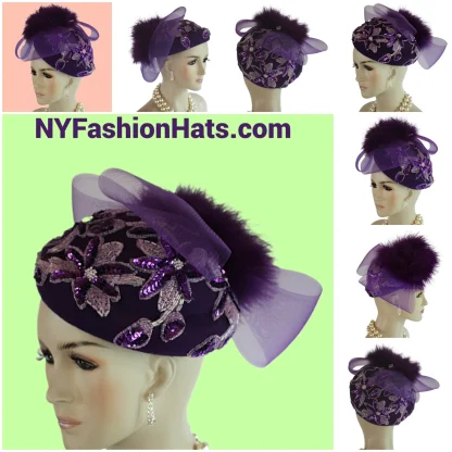 Purple Winter Wool Sequin Pillbox Designer Hat. Haute Couture Hat