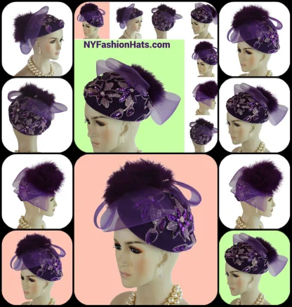 Women's Purple Pillbox Cocktail Hat Beaded Sequin Appliques Feathers, Hats For Church Weddings Dress - Image 5