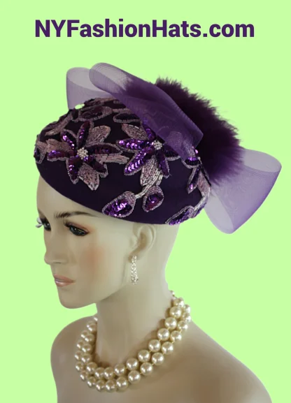 Purple Winter Wool Sequin Pillbox Designer Hat