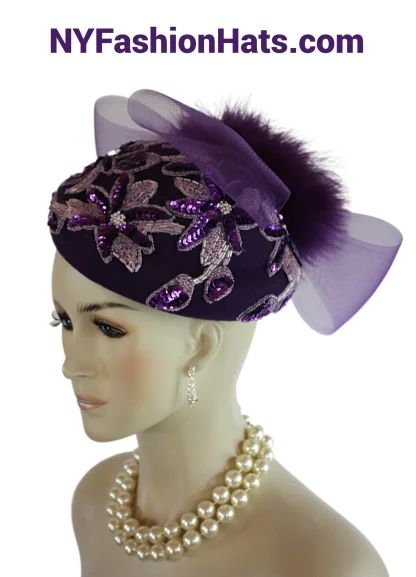 Womens Purple Winter Wool Sequin Pillbox Designer Hat