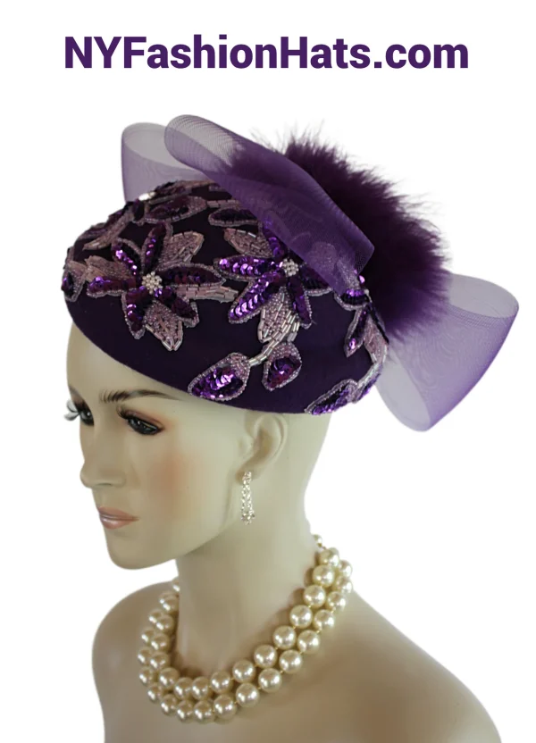 Womens Purple Winter Wool Sequin Pillbox Designer Hat
