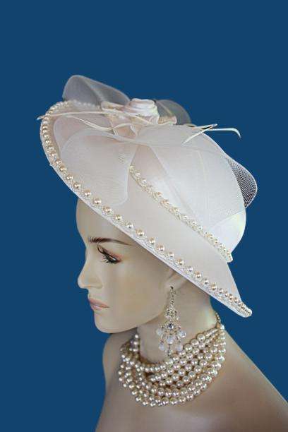 Ladies White Formal Satin Bridal Wedding Brim Designer Hat By NYFashionHats.com