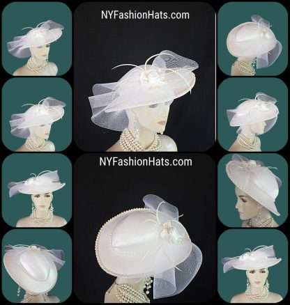 Women's Haute Couture Custom Made White Satin Dress Hat For Special Occasion