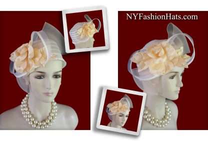 Soft Beige Almost An Ivory Sheer Pillbox Cocktail Hat For Women With A Handmade Vintage Peach Large Rose