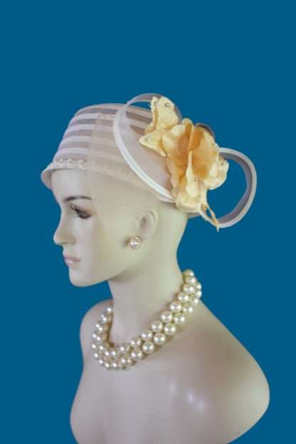 Sheer Rhinestone Big Peach Rose Pillbox Wedding Bridal Hat Fascinator