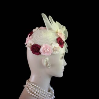 Mother Of The Bride Formal Designer Fascinator Headpiece, Beige Burgundy Boho Wedding Bridal Cocktail Hat, Bohemian Saucer Hats Flowers