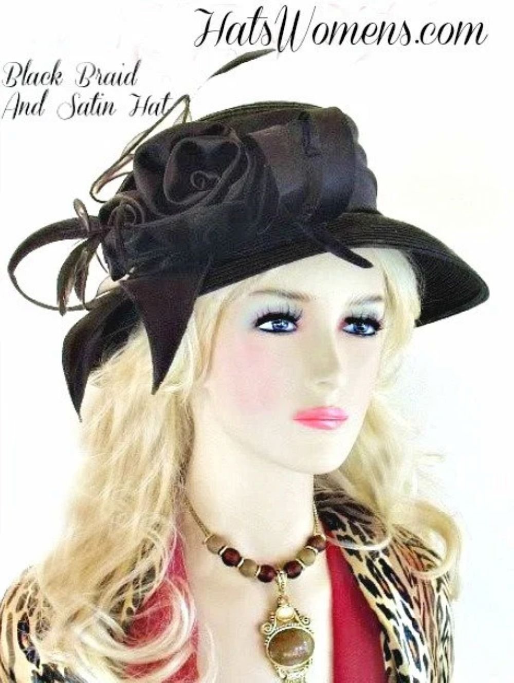 Black Satin Straw Designer Big Brim Fashion Hat For Women