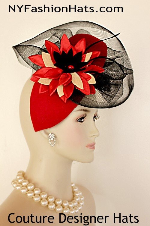Women's Couture Designer Red Black Beige Winter Wool Silk Hat Fascinator, Flapper Hats Art Deco, Fashion Headpiece, Church Weddings Dress