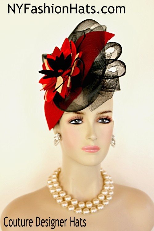 Women's Couture Designer Red Black Beige Winter Wool Silk Hat Fascinator, Flapper Hats Art Deco, Fashion Headpiece, Church Weddings Dress - Image 2